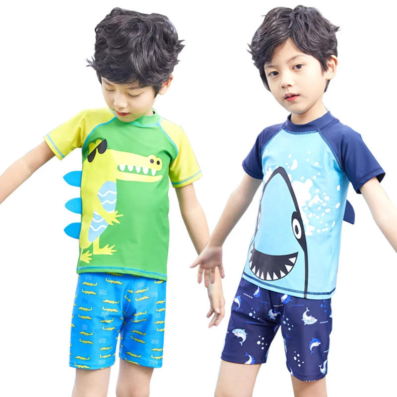 Shark Crocodile Print Boys Swimsuit Swim Trunks Swimming Cap Baby Kids Swim Wear Set