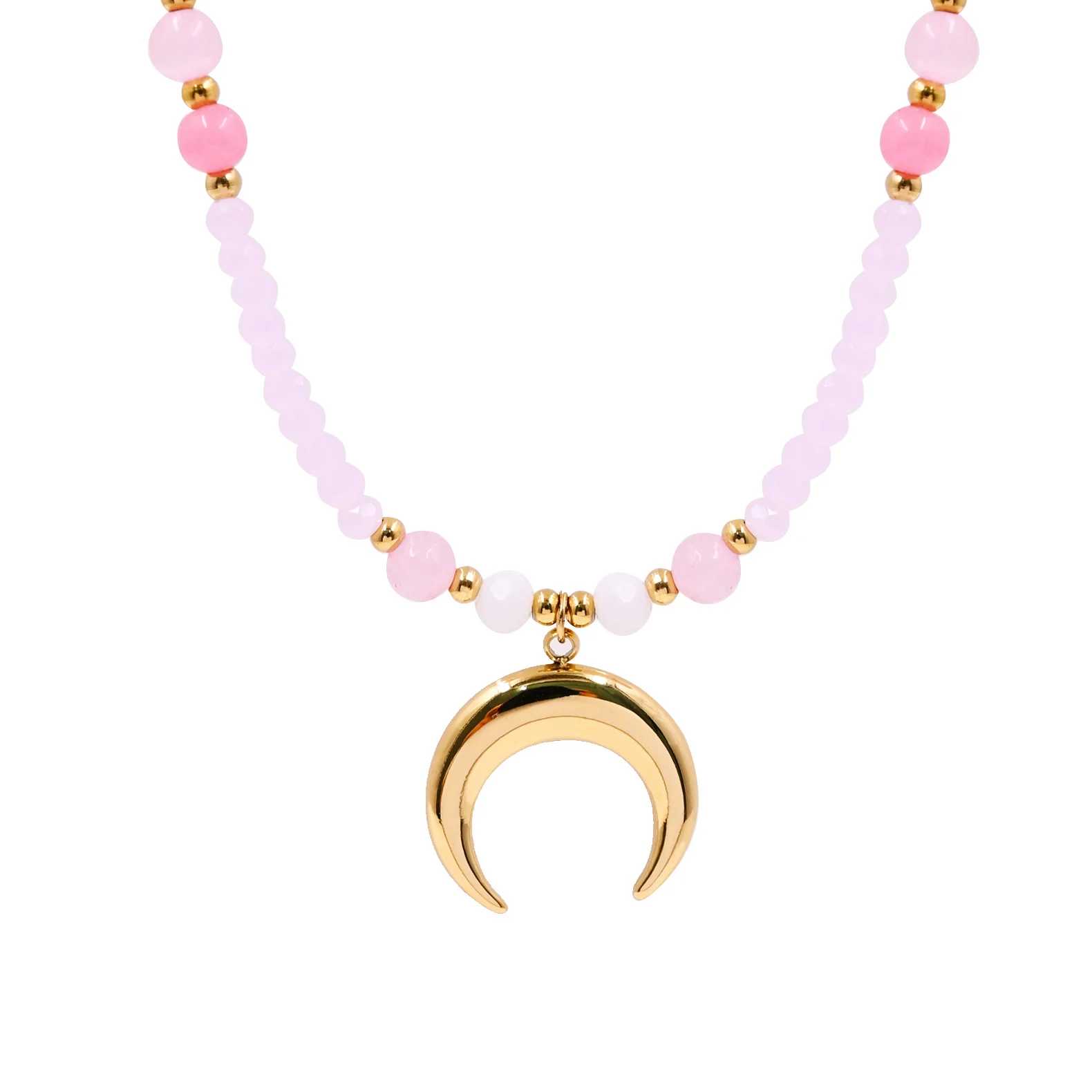 Wholesale Custom Women Natural Stone Beaded Moon Gold Plated Stainless Steel Pendants Necklace Jewelry bijoux