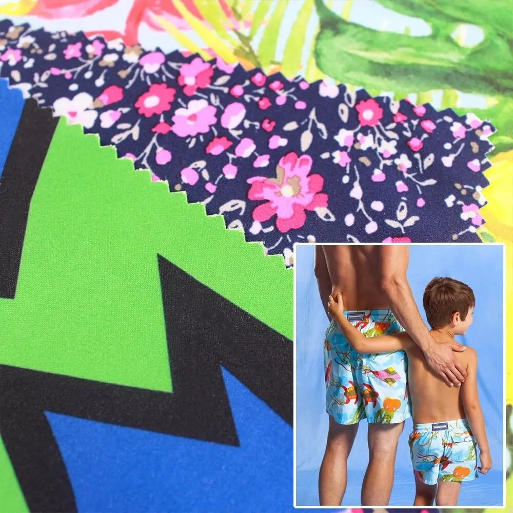 Wingtex 90% Recycled Polyester 10% Spandex Waterproof Fabric, Custom Paper Print Boardshorts 4 Way Stretch Woven Fabric