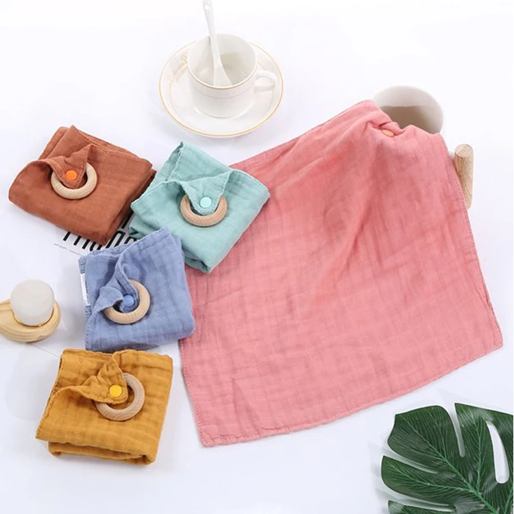 100% Organic Cotton Bandana Eating Training Burp Cloth Towel Snap Button Baby Saliva Bib With Beech Ring Wooden Chewable Teether