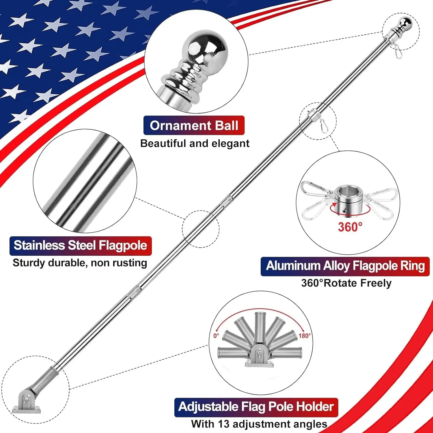 Высококачественный уличный или крыльцо 6-футовый алюминиевый флаг сверхмощный нейлоновый прочный Американский 3x5 футов с полным комплектом