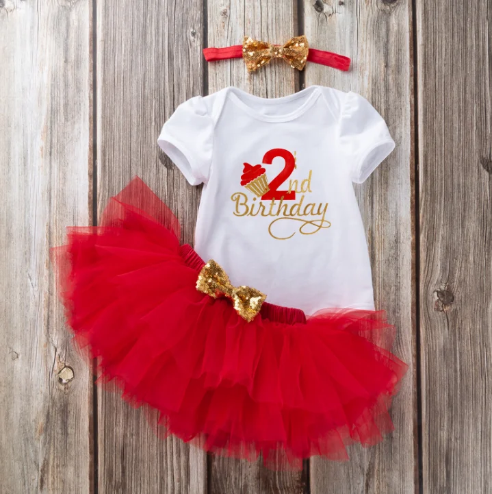 In stock baby suit baby cartoon birthday idea letter baby rompers solid color tutu skirt