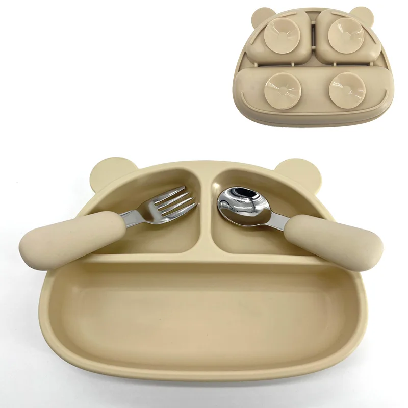BPA-Free Food Grade Silicone Baby Plate in Animal Shape with Spoon Fork Straw for Kids