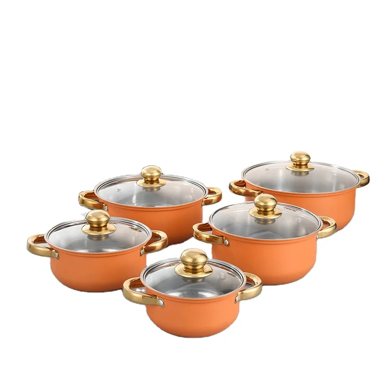 Cheap Price Golden Handle Stock Pot 16-24cm Kitchen Cookware Sets Pots 10pcs  Stainless Steel Cooking Pots for Kitchen