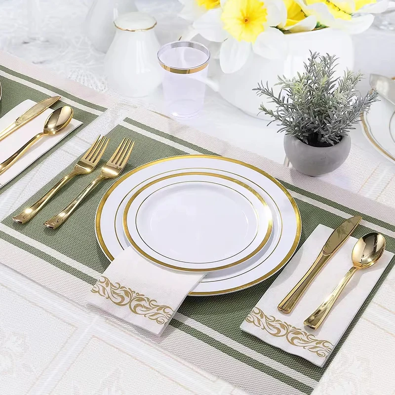 wedding party gold/silver/rose gold color custom plastic plates sets and tableware cutlery