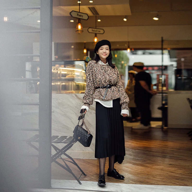 
Naivee commuter ladies long skirt black high waist asymmetric women pleated skirt 