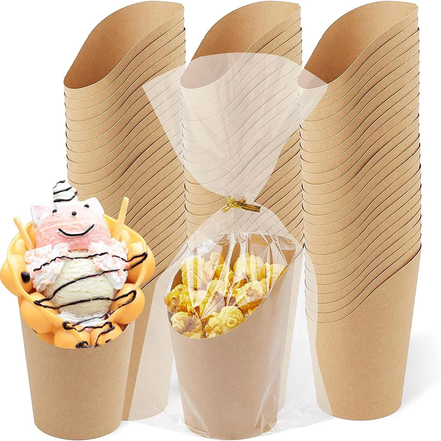 Custom Printed French Fries Cone Fried Chicken Boxes Single Kraft Paper Ice Cream Waffle Holder Egg Waffle Cup