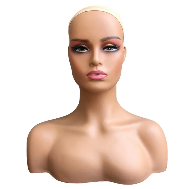 Makeup Face Realistic Female Mannequin Head Bust With Shoulders PVC Mannequin Head  For Wigs Display