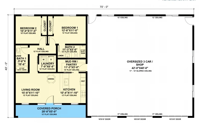 Single Story 2 bedroom Barndominium House Homes with 3 Car Garage and Workshop Prefab Steel buildings 90 SQM