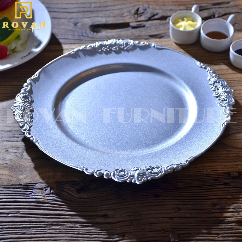 Royal  rose gold rim wedding champagne plastic wedding plates for hotel used plate charger