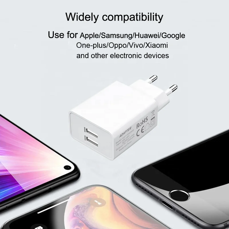 
EU plug CE Rohs certificated portable dual USB ports 5v 2a wall charger for mobile phones 