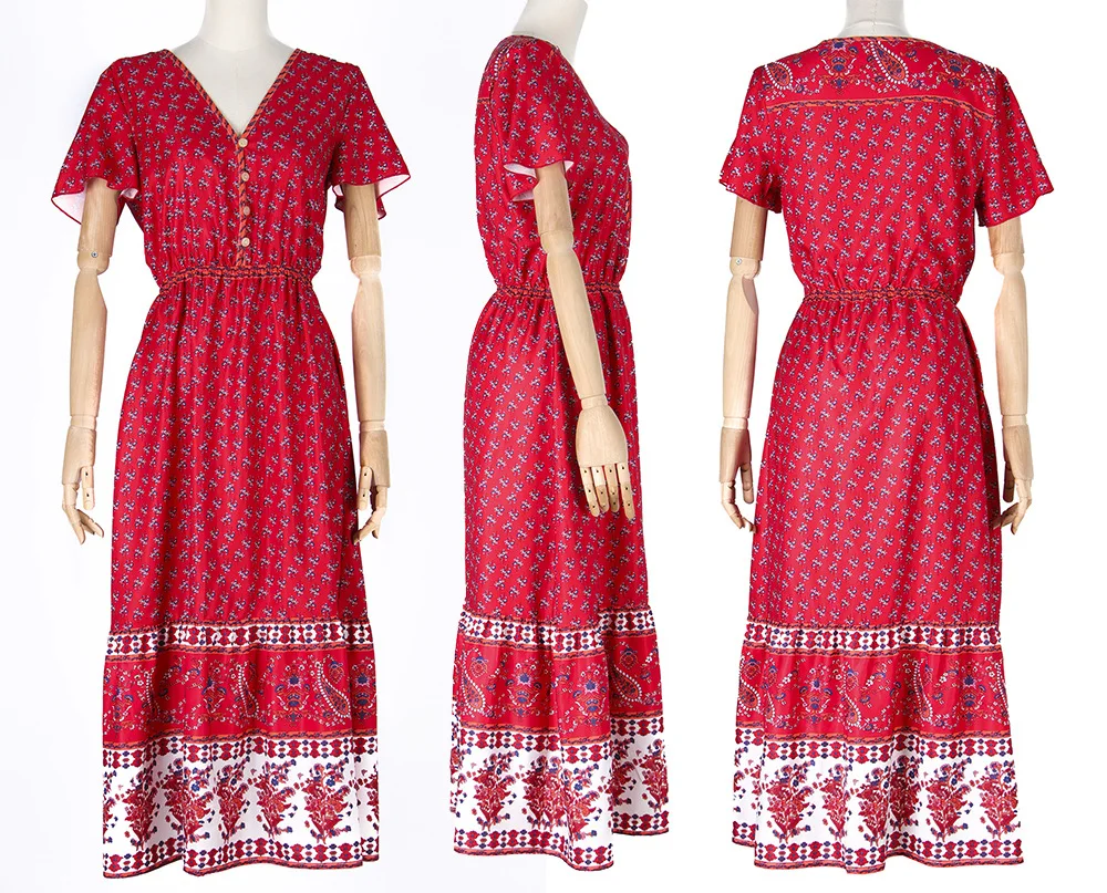 
2021 Summer European Dresses Women Elegant Casual Floral Print Dress V Neck Half Sleeve Bohemia Dress Ladies 