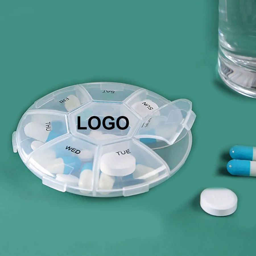 Custom Portable Plastic Round Shape 7 Days Weekly Pill Storage Box Medicine Pill Case