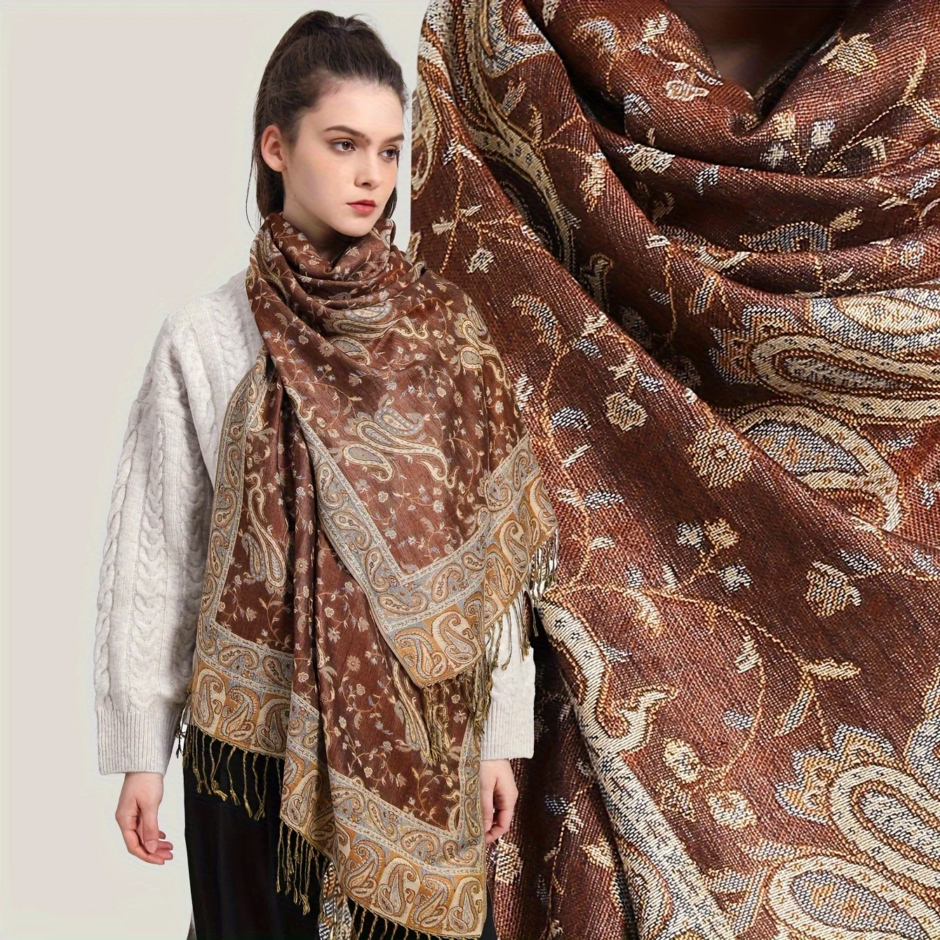 Soft elegant design luxury paisley pattern pashmina shawl  woven jacquard custom pashmina scarf hijab headscarf