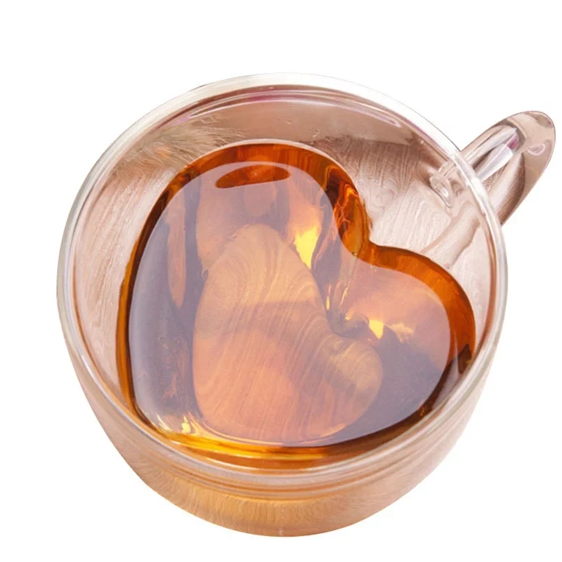 
O351 180ml/240ml Love Double Wall Resistant Tea Beer Glasses Couple Cups Lemon Juice Cup Heart Shaped Glass Mug 