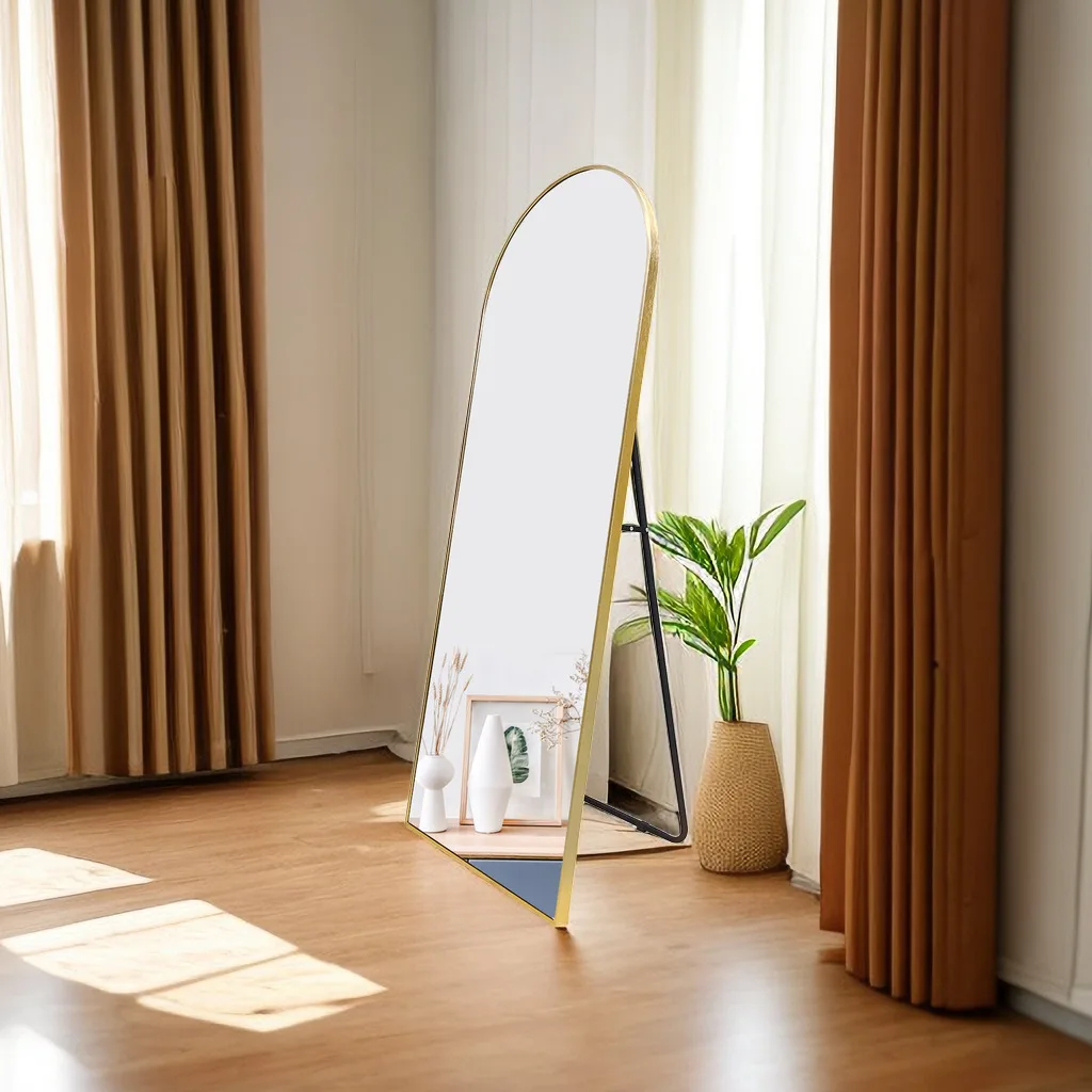 custom arched large gold matel framed big tall full length long body leaning wall free standing floor mirror miroir spiegel