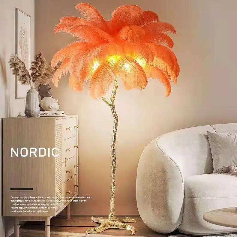 Nordic Minimalist Feather Bedroom Living Room Decor Lighting Resin Floor Light Led Standing Ostrich Feather Floor Lamp