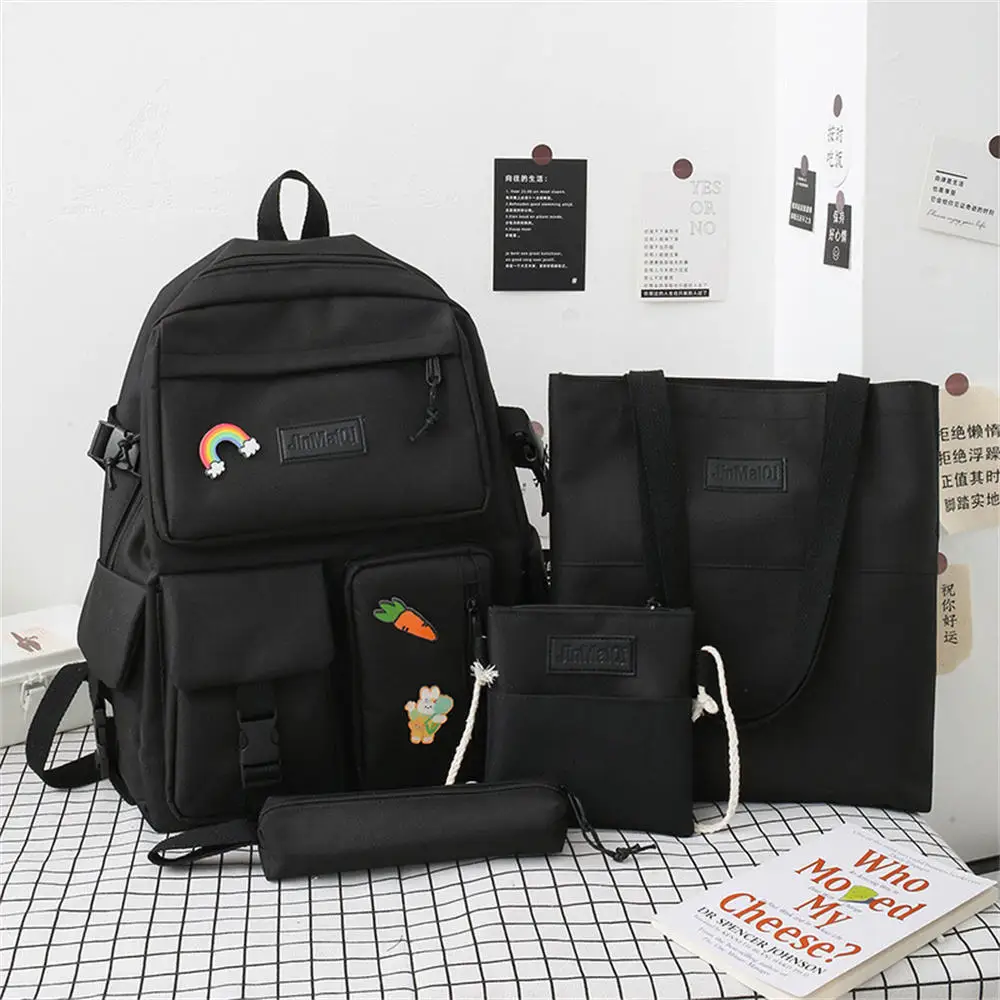 Factory custom student Korean style student nylon schoolbag set four piece set beige pop girls school schoolbag backpack