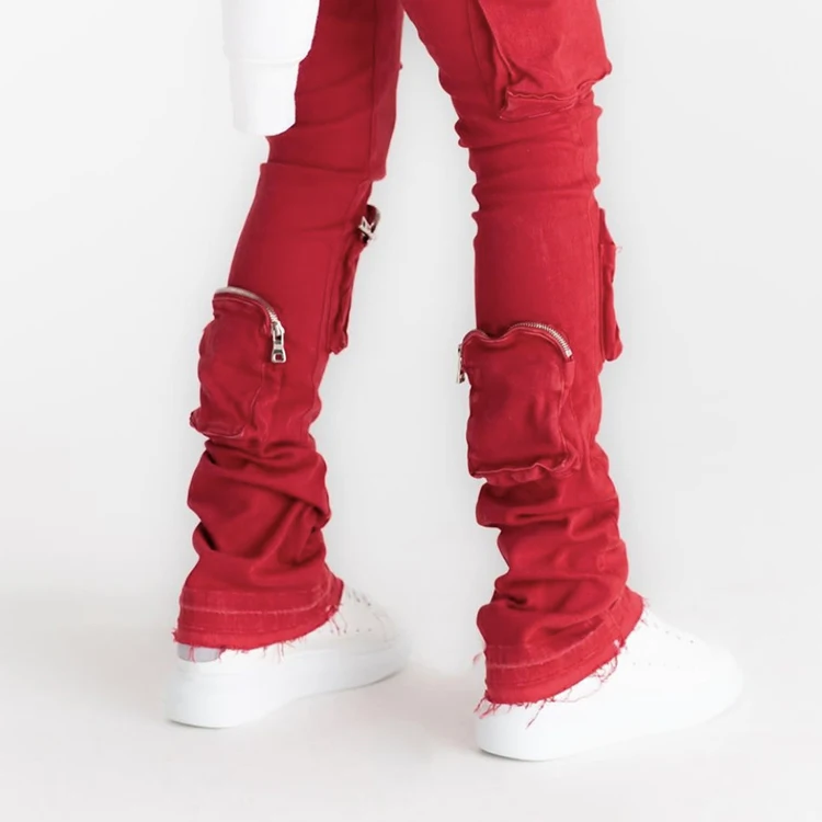 Casual fashion street wear cargo pants denim zip pocket slim fit stacked jeans factory custom red cargo jeans for men