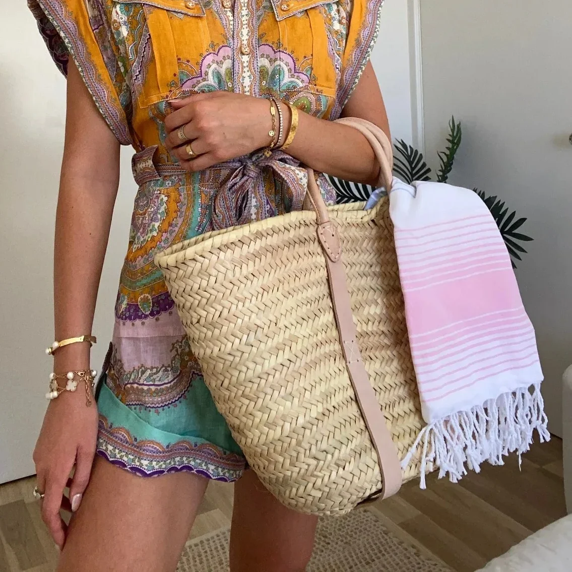 Handwoven Moroccan Basket Bag Beach Summer bag Straw Basket Bags With  Leather Handles