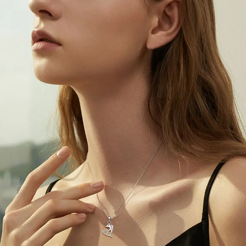 925 Sterling Silver 18K White Gold Plated Cz Dolphin Pendant Necklace For Girls
