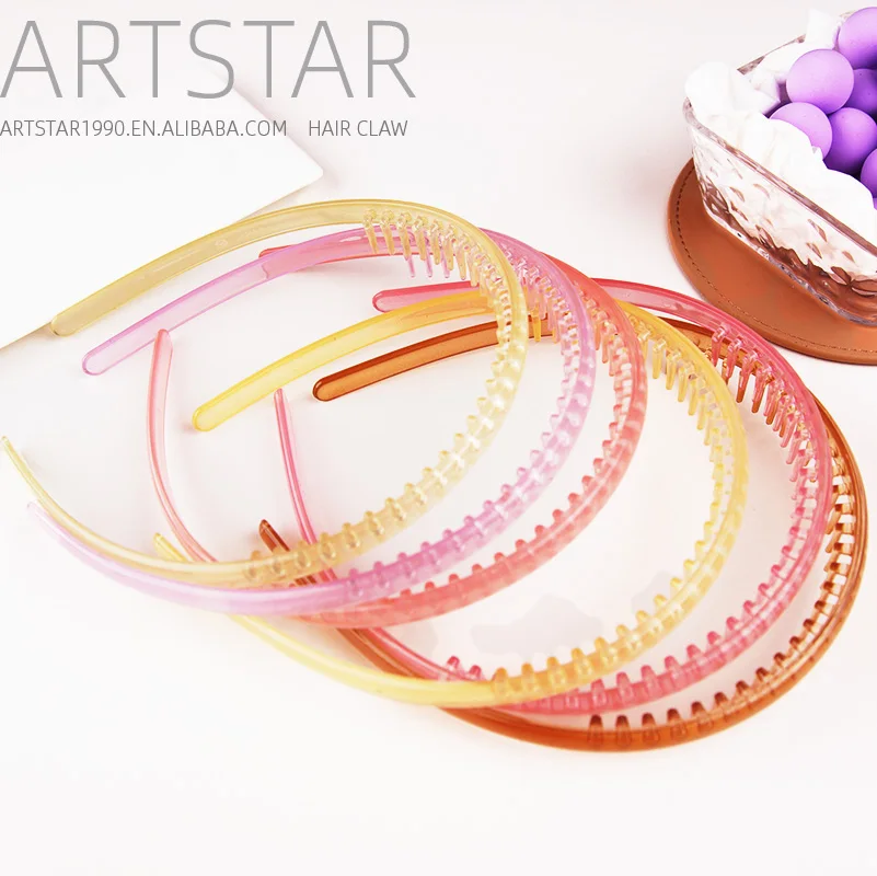 Wholesale Sweet Candy Color Crystal Girls Plastic Headbands 12 pcs one set 1mm Cute Transparent  Headbands with teeth for women