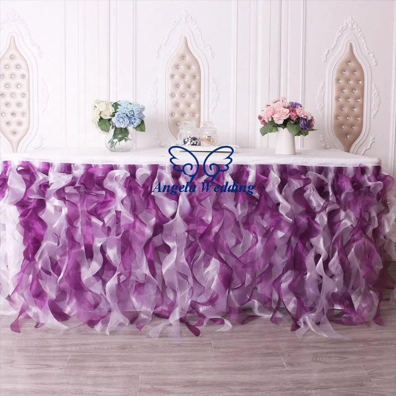 SK010P real sample picture wedding decoration 21ft long 75cm drop purple and white mixed organza curly willow table skirt