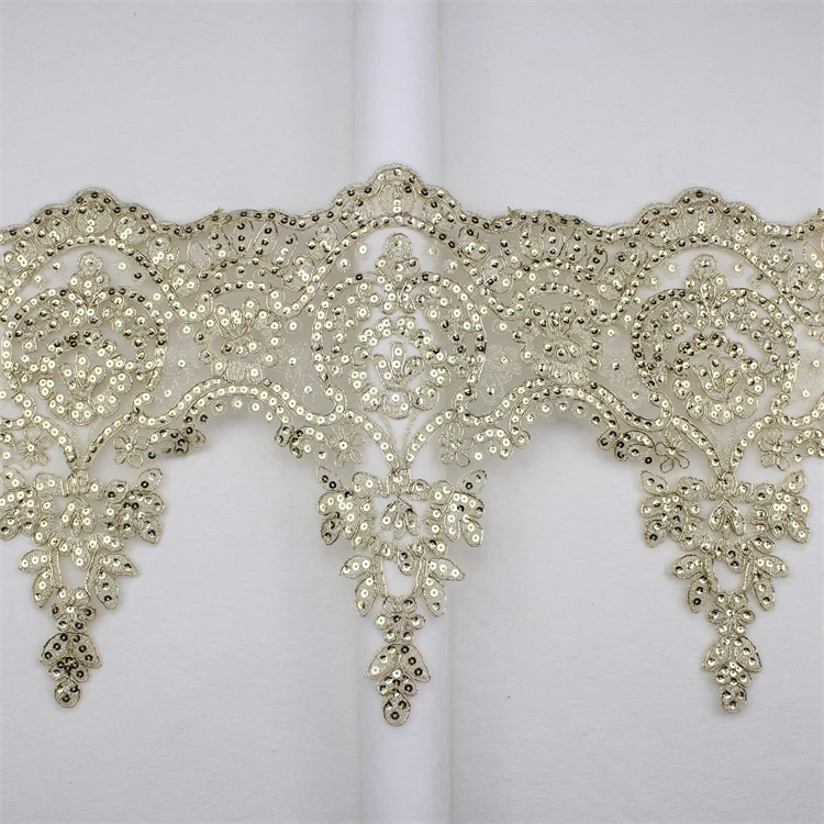 Popular Malaysia Wholesale Price Embroidered Gold Sequin Lace Fabric Embroidery Mesh Border Lace Trimming For Dress Decoration