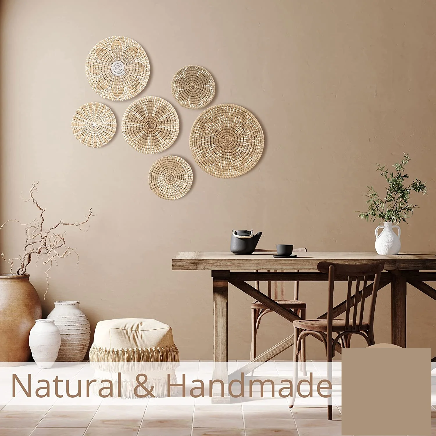 Oversized BOHO Room Jute Straw Handwoven Natural Wicker Woven Hanging Wicker Rattan Seagrass Storage Wall Basket Decor Set