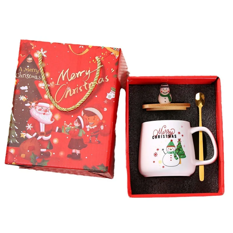 Wholesale 2024 Celebrate Christmas gift custom ceramic promotional mugs cups with wood lid and spoon