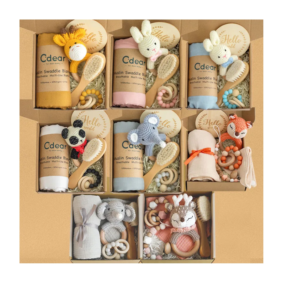 Baby Teether Toy Silicone Pacifier Clips Comforting Blanket Soft Rattle And Bath Brush Set