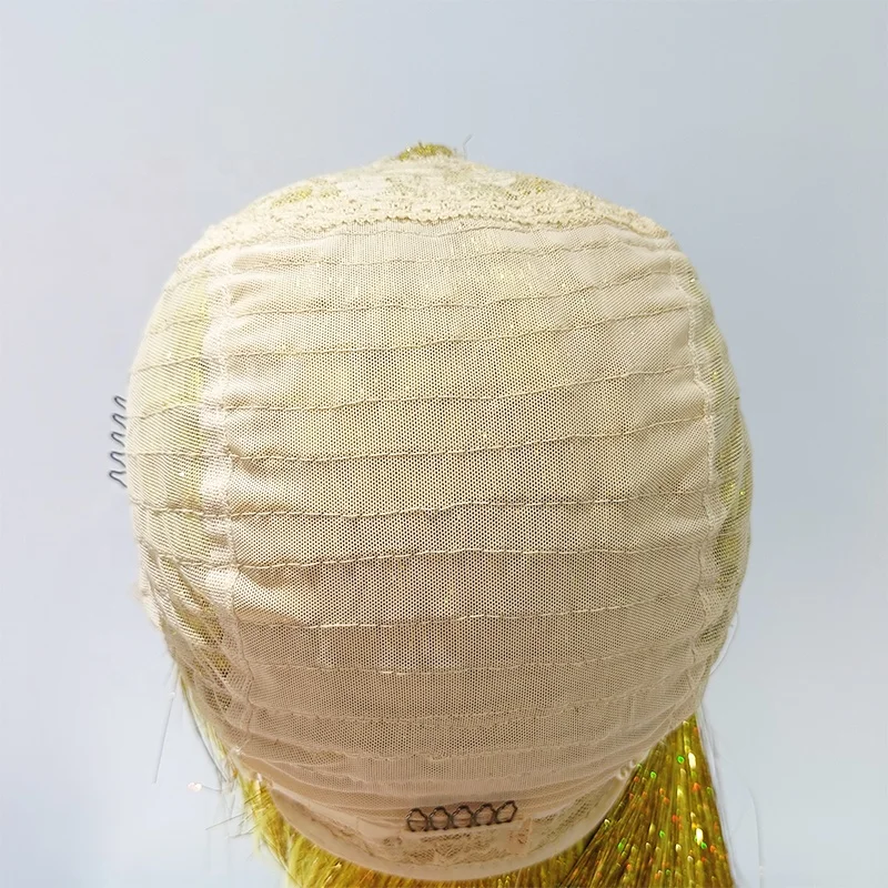 Wholesale High Quality Golden Full Tinsel Lace Front Wigs Long Straight Tinsel Hair Lace Wigs for Ladies Cosplay Party