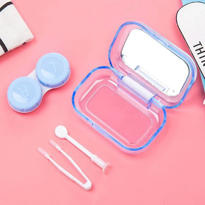 Cartoon Cute Square Women Girls Kit Travel Eye Contact Lenses Case Box  with Mirror