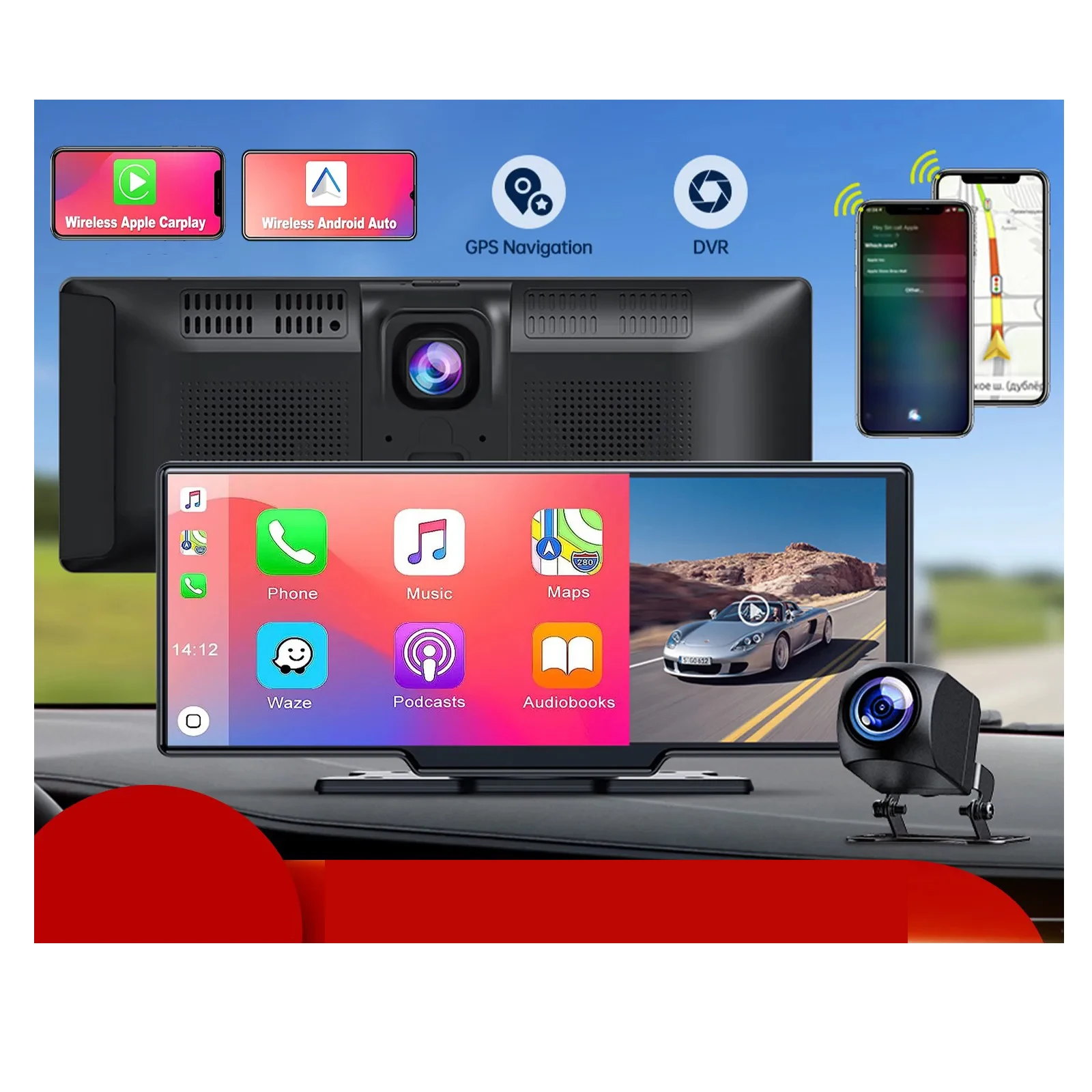 Universal Portable 10.26 Inch Car Stereo Carplay DVR Car Stereo DVD Degree Rotation Player Car Radio