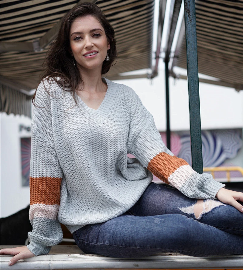 Хит продаж, женский полосатый пуловер с v-образным вырезом и рукавами-фонариками, свитер плюс размера, свитера в полоску