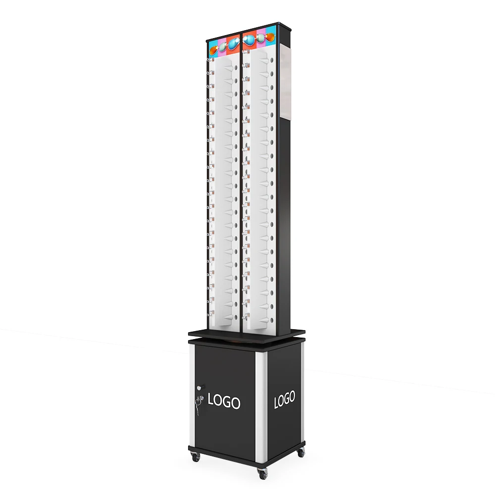 Latest brand shop lock key metal white mobile rotating sunglasses display stand store spin show case
