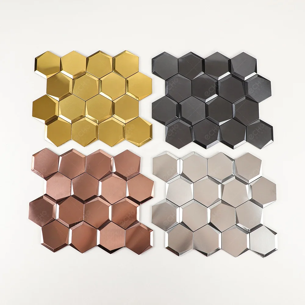 3D Hexagonal Gold Brushed Stainless Steel Peel and Stick Metal Mosaic Tiles