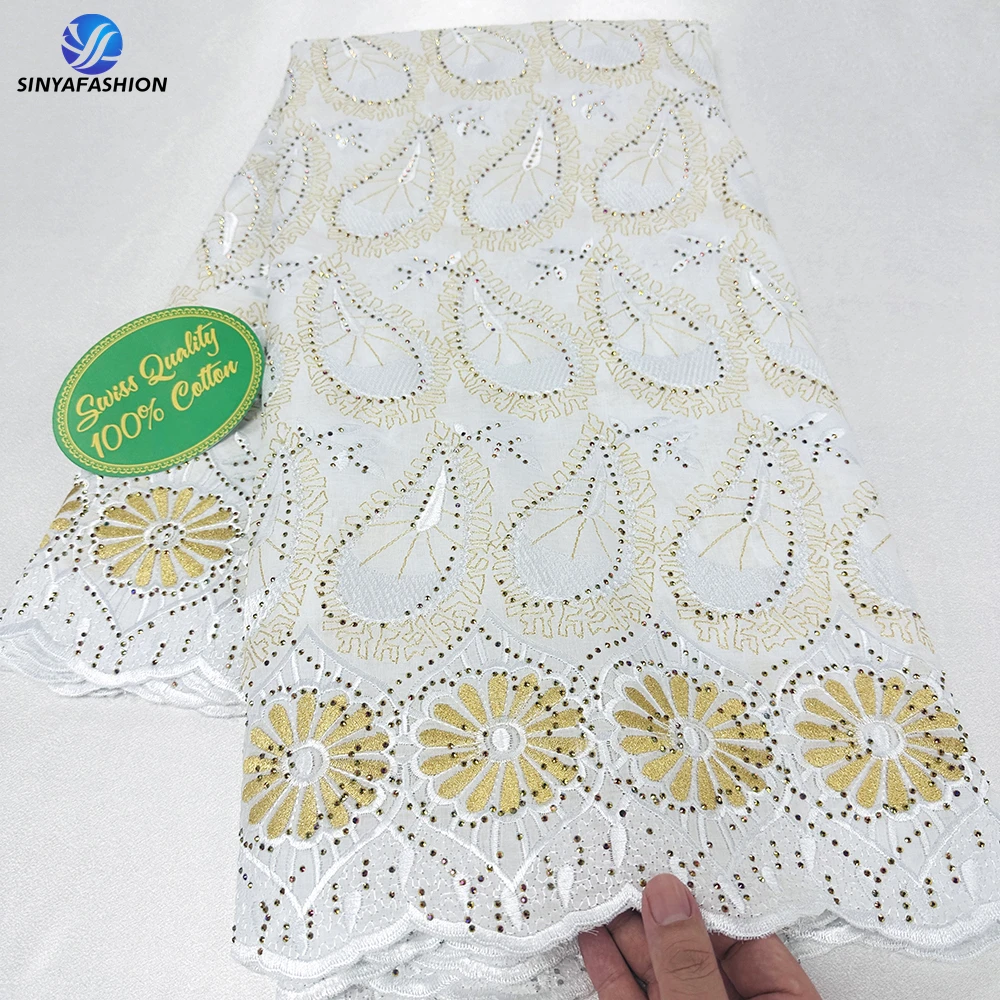 Sinya Embroidery African 100% Cotton Laser Cut Dry Lace Fabric With Stones 5 Yards High Quality Swiss Voile Lace In Switzerland