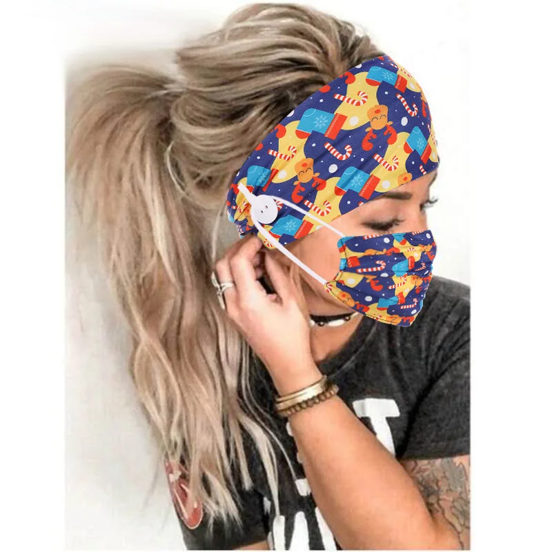 
hot selling new button ear protect elastic hair band American style Halloween Christmas Printing headband mask set 