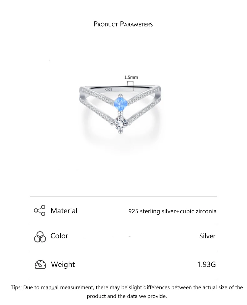 Fashion cold style sea blue glacier water drop double layer rings 925 sterling silver V-shaped crown ring