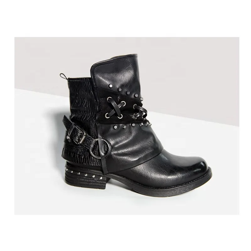 Hot Selling Autumn Winter Black Round Toe Retro Pumps Shoes European Style Rivet Low Heel Slip On Casual Women Ankle Boots
