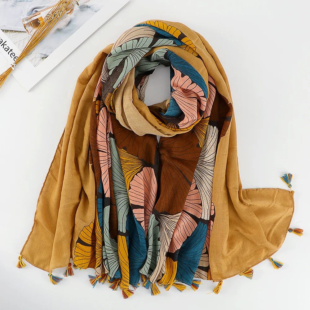 2022 Hot Sale Women Orange Ginkgo Leaf Printed Cotton Linen Shawls Long Scarf With Tassels