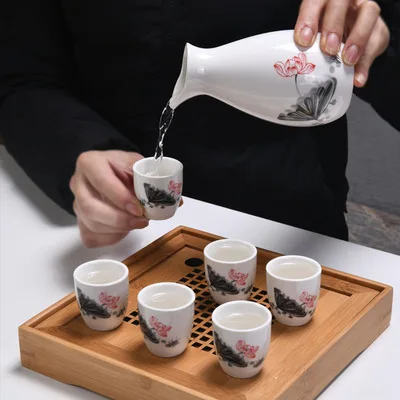 Promotional Japanese Sake Cup Set Cheap White Background Pattern Ceramic Minimalist Chinese Wine Pot And