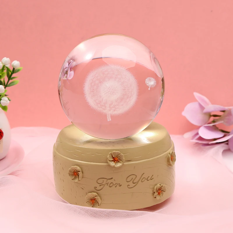 
Оптовая продажа, подарок ручной работы из смолы, хрустальный шар, резная 3D Музыкальная шкатулка с рисунком одуванчика, домашний декор, сувенир 