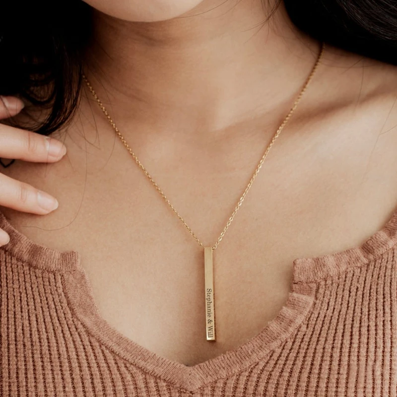Stainless Steel Engraved 3D Bar Pendent Necklace Personalized Engrave Name Date Text  Bar Pendant Custom Necklace Men Jewelry