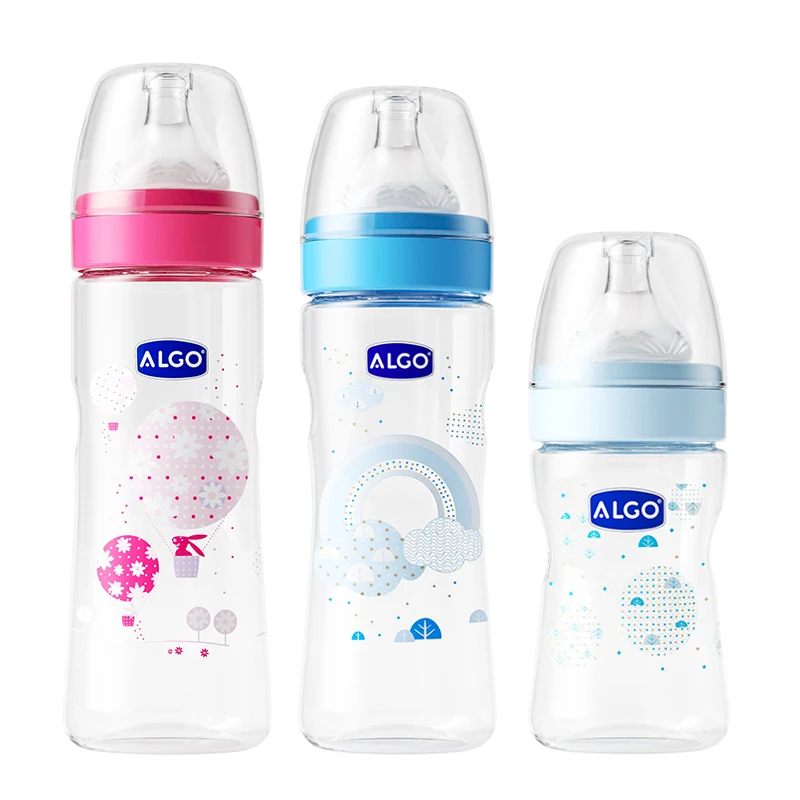 Free Sample ALGO Wide Neck PP Baby Milk Bottle 150ml/250ml/330ml BPA FREE Baby Feeding Bottle