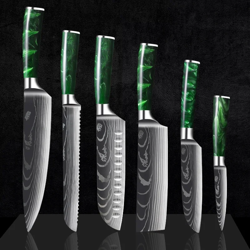 Exquisite Green  resin handle Laser Damascus pattern Chef knife Santoku Cleaver Slicing Knives Set