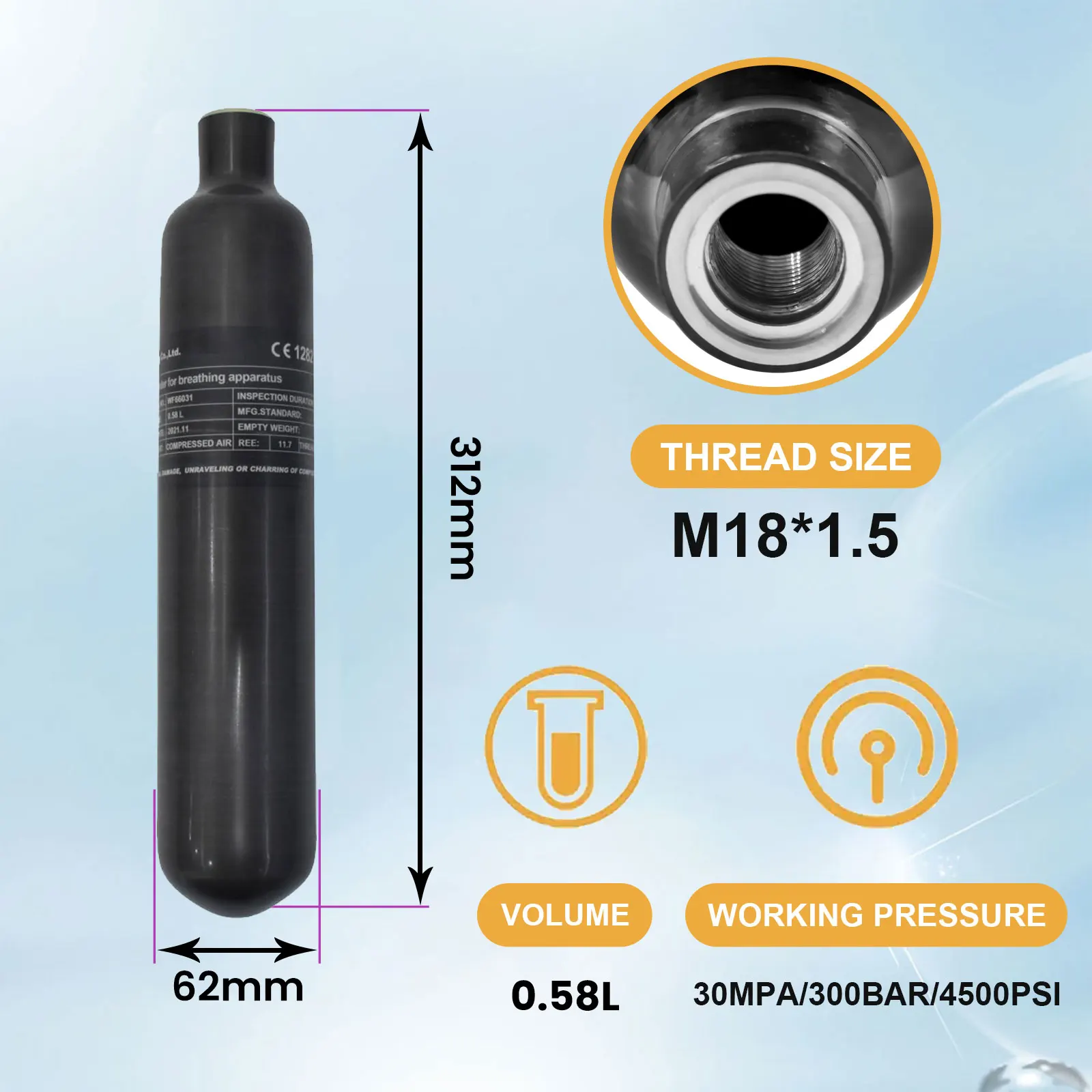 GP Custom-Made Wholesale 0.58L 580CC Hpa 30mpa 300bar 4500psi Outdoor Activities PCP Carbon Fiber Air Tank For Paintball Game