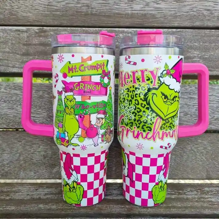Popular Christmas Stainless Steel Tumbler Green Grinch 40OZ Tumbler Customized Tumbler With Handle and Straw