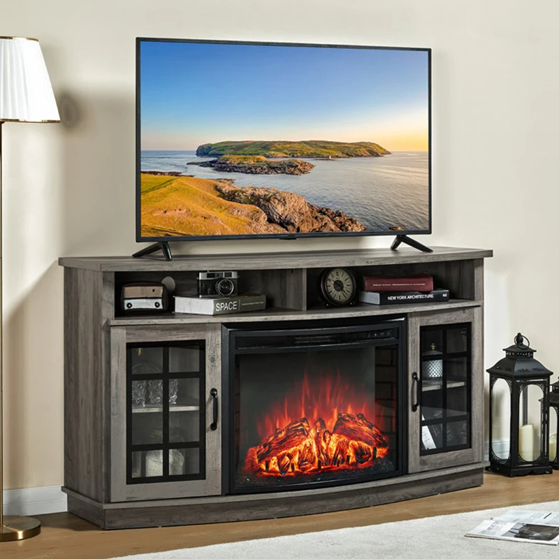 Mid century modern electric fire place curved tv stand with fireplace led lights for living room 65 inch